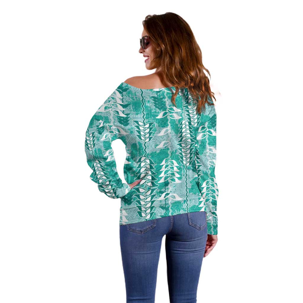 Teal Hawaii Tapa Pattern Off Shoulder Sweater With Heliconia Vintage Style