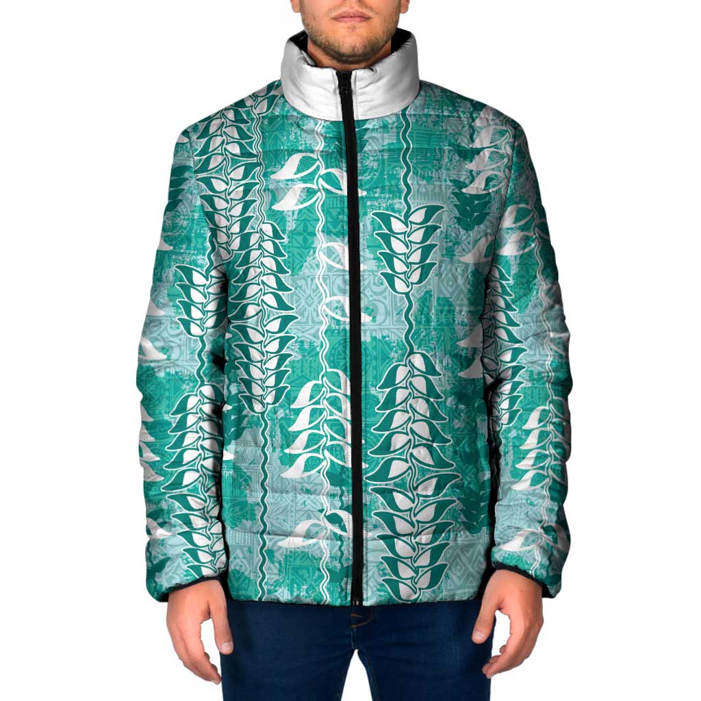Teal Hawaii Tapa Pattern Padded Jacket With Heliconia Vintage Style
