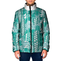 Teal Hawaii Tapa Pattern Padded Jacket With Heliconia Vintage Style
