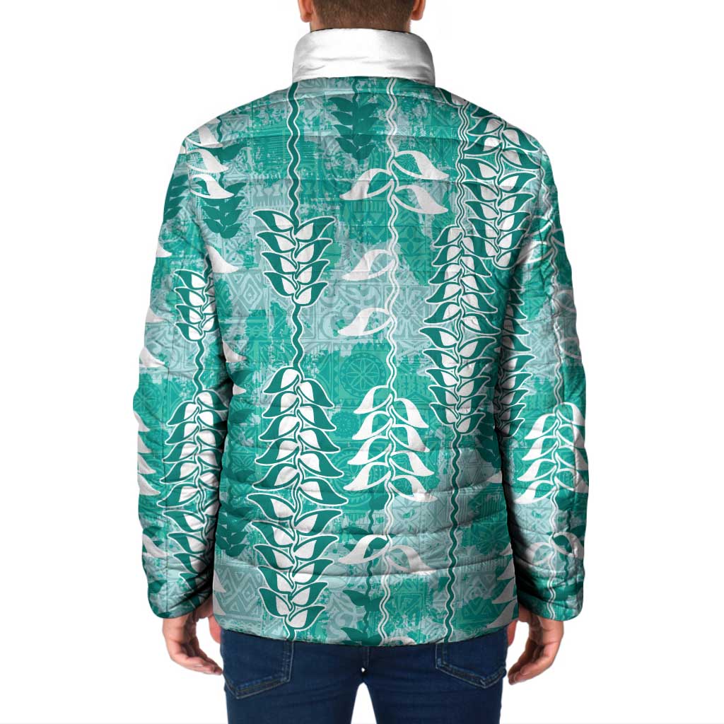 Teal Hawaii Tapa Pattern Padded Jacket With Heliconia Vintage Style