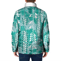 Teal Hawaii Tapa Pattern Padded Jacket With Heliconia Vintage Style