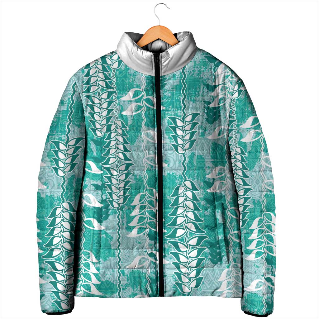 Teal Hawaii Tapa Pattern Padded Jacket With Heliconia Vintage Style