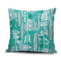Teal Hawaii Tapa Pattern Pillow Cover With Heliconia Vintage Style