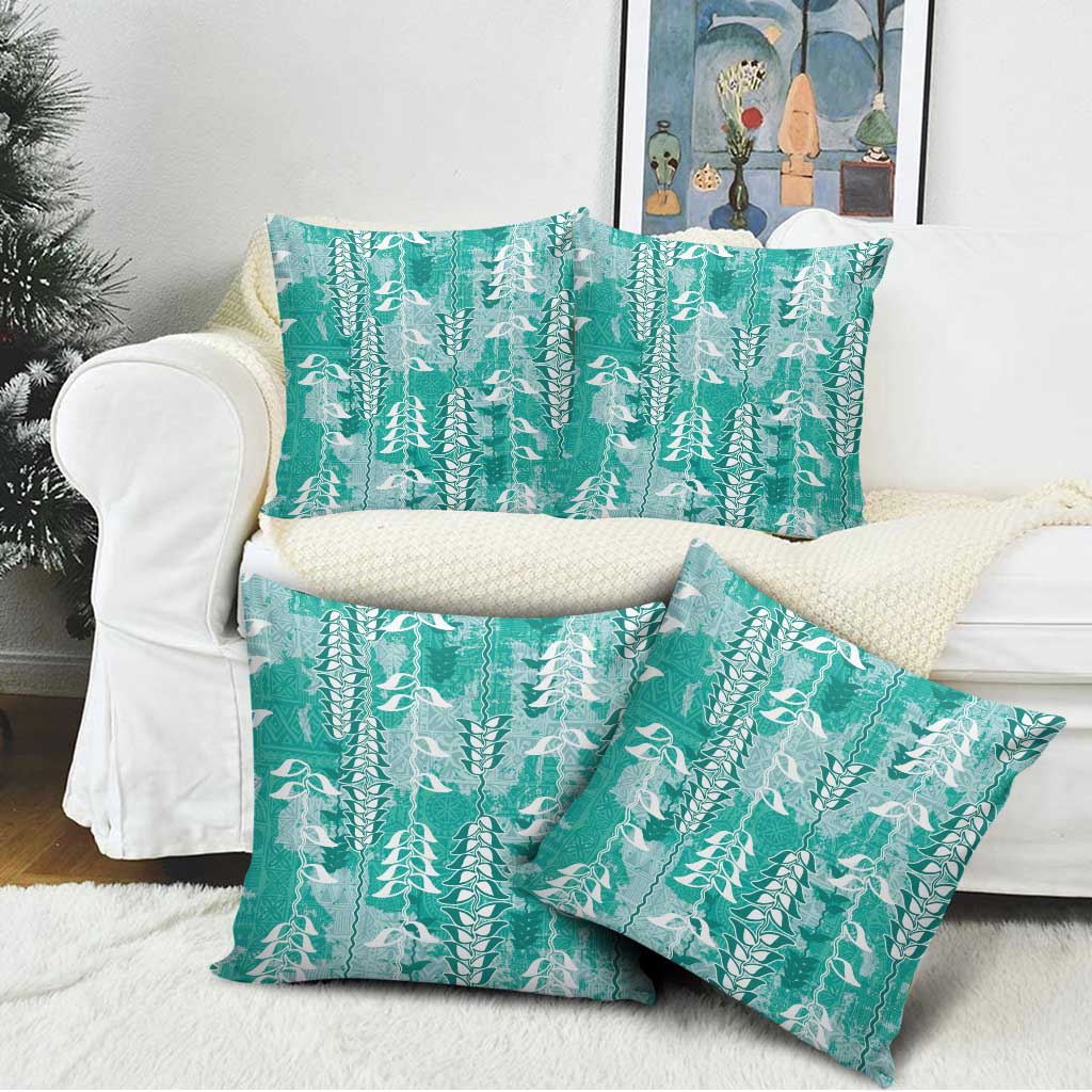 Teal Hawaii Tapa Pattern Pillow Cover With Heliconia Vintage Style