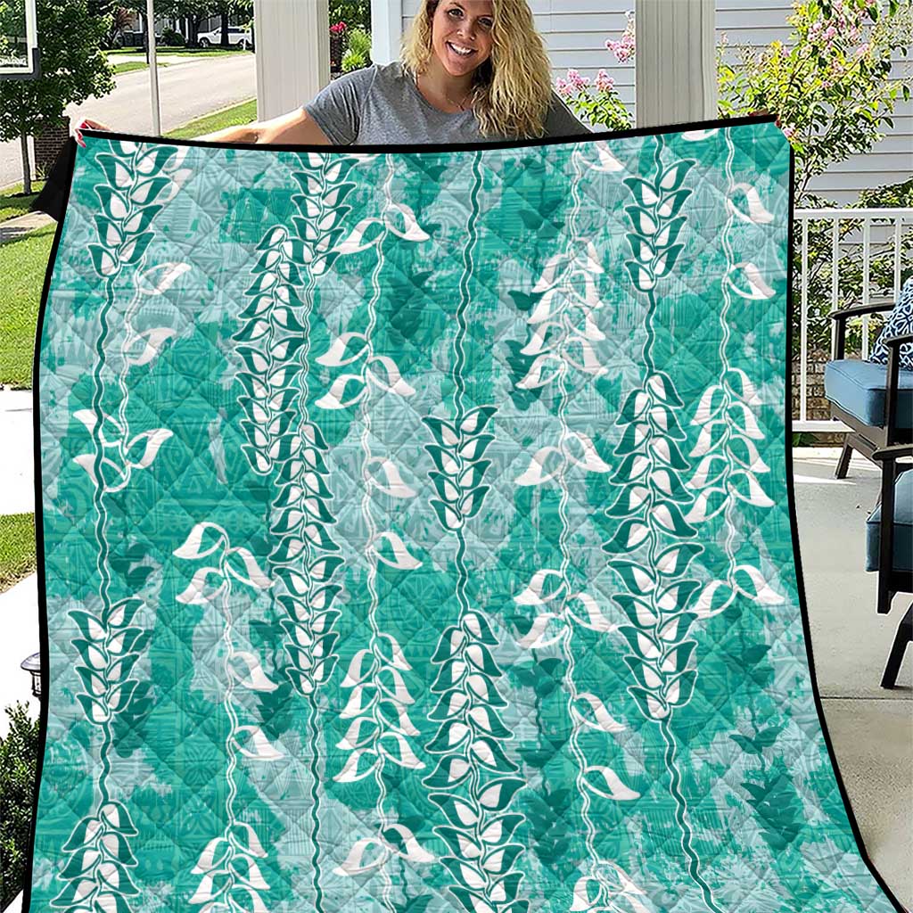 Teal Hawaii Tapa Pattern Quilt With Heliconia Vintage Style
