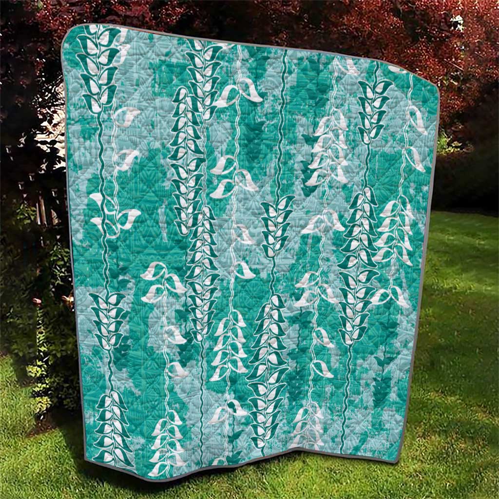 Teal Hawaii Tapa Pattern Quilt With Heliconia Vintage Style