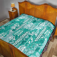 Teal Hawaii Tapa Pattern Quilt With Heliconia Vintage Style