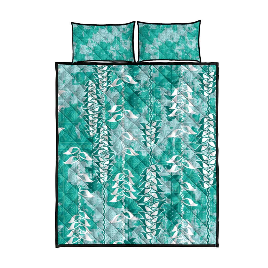Teal Hawaii Tapa Pattern Quilt Bed Set With Heliconia Vintage Style