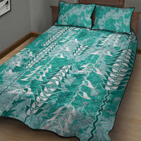Teal Hawaii Tapa Pattern Quilt Bed Set With Heliconia Vintage Style