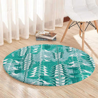 Teal Hawaii Tapa Pattern Round Carpet With Heliconia Vintage Style