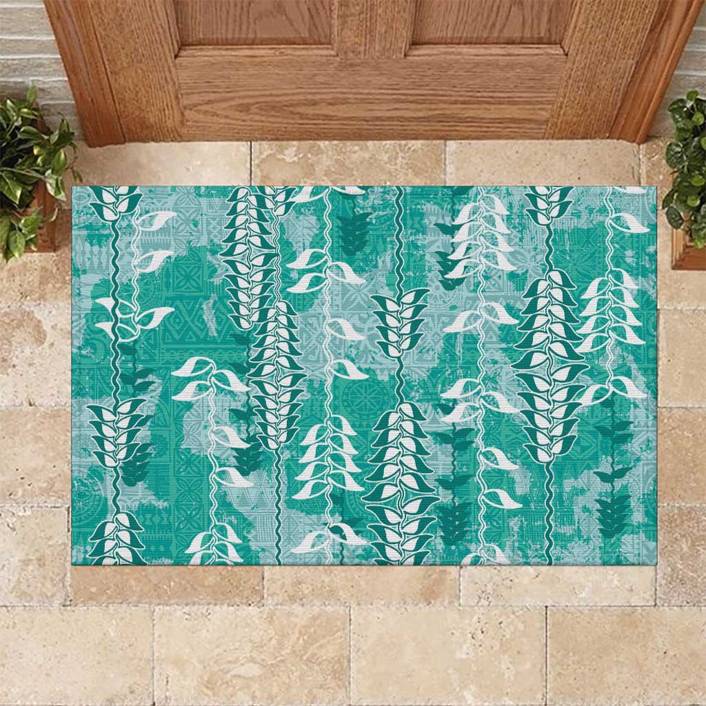 Teal Hawaii Tapa Pattern Rubber Doormat With Heliconia Vintage Style