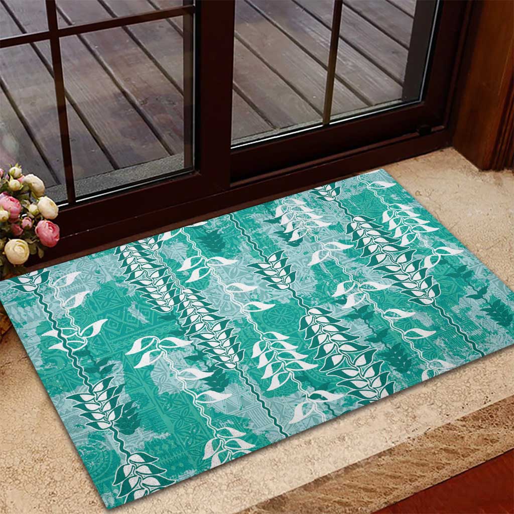 Teal Hawaii Tapa Pattern Rubber Doormat With Heliconia Vintage Style