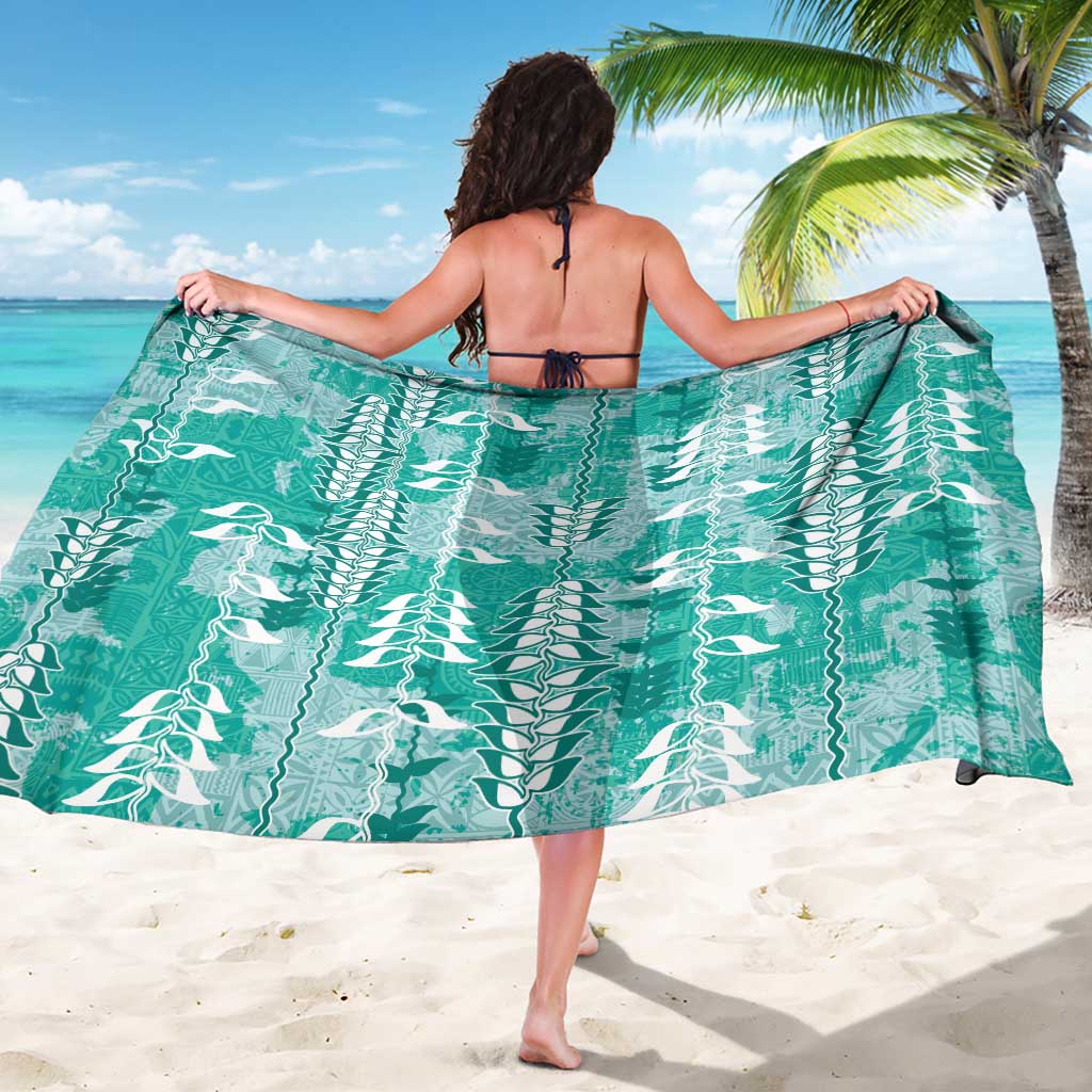 Teal Hawaii Tapa Pattern Sarong With Heliconia Vintage Style