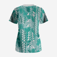 Teal Hawaii Tapa Pattern Scrub Top With Heliconia Vintage Style