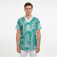Teal Hawaii Tapa Pattern Scrub Top With Heliconia Vintage Style