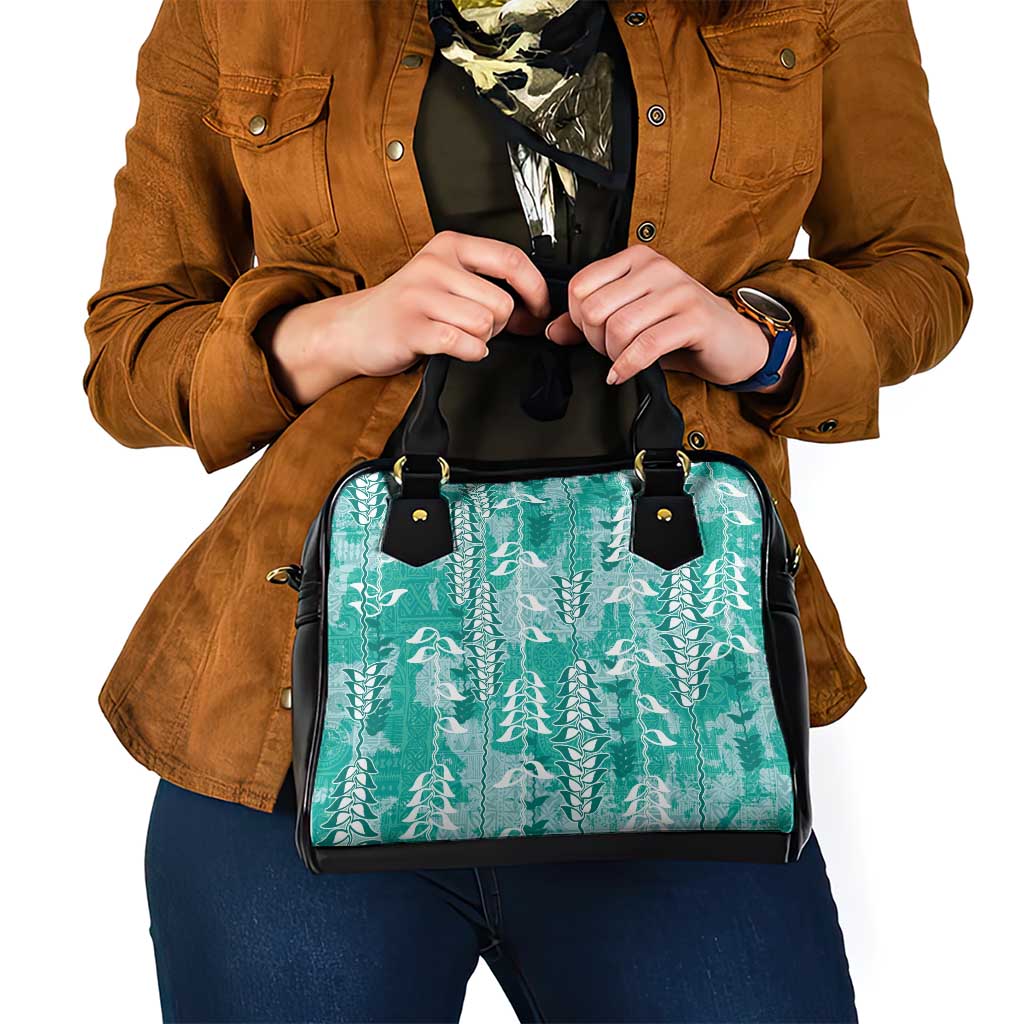 Teal Hawaii Tapa Pattern Shoulder Handbag With Heliconia Vintage Style