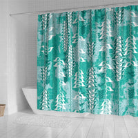 Teal Hawaii Tapa Pattern Shower Curtain With Heliconia Vintage Style