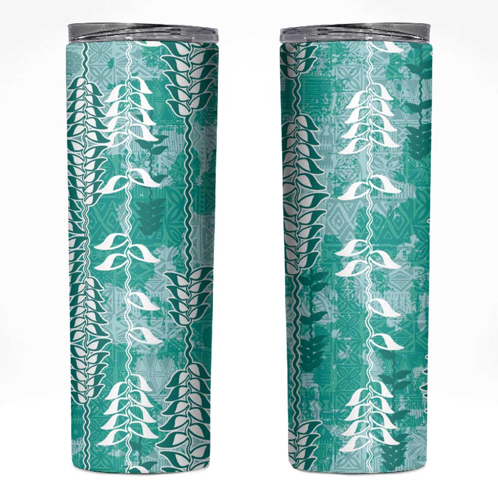 Teal Hawaii Tapa Pattern Skinny Tumbler With Heliconia Vintage Style