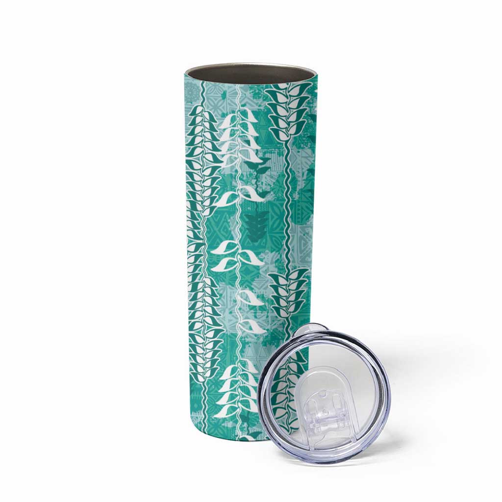 Teal Hawaii Tapa Pattern Skinny Tumbler With Heliconia Vintage Style