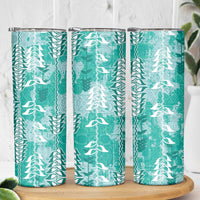 Teal Hawaii Tapa Pattern Skinny Tumbler With Heliconia Vintage Style