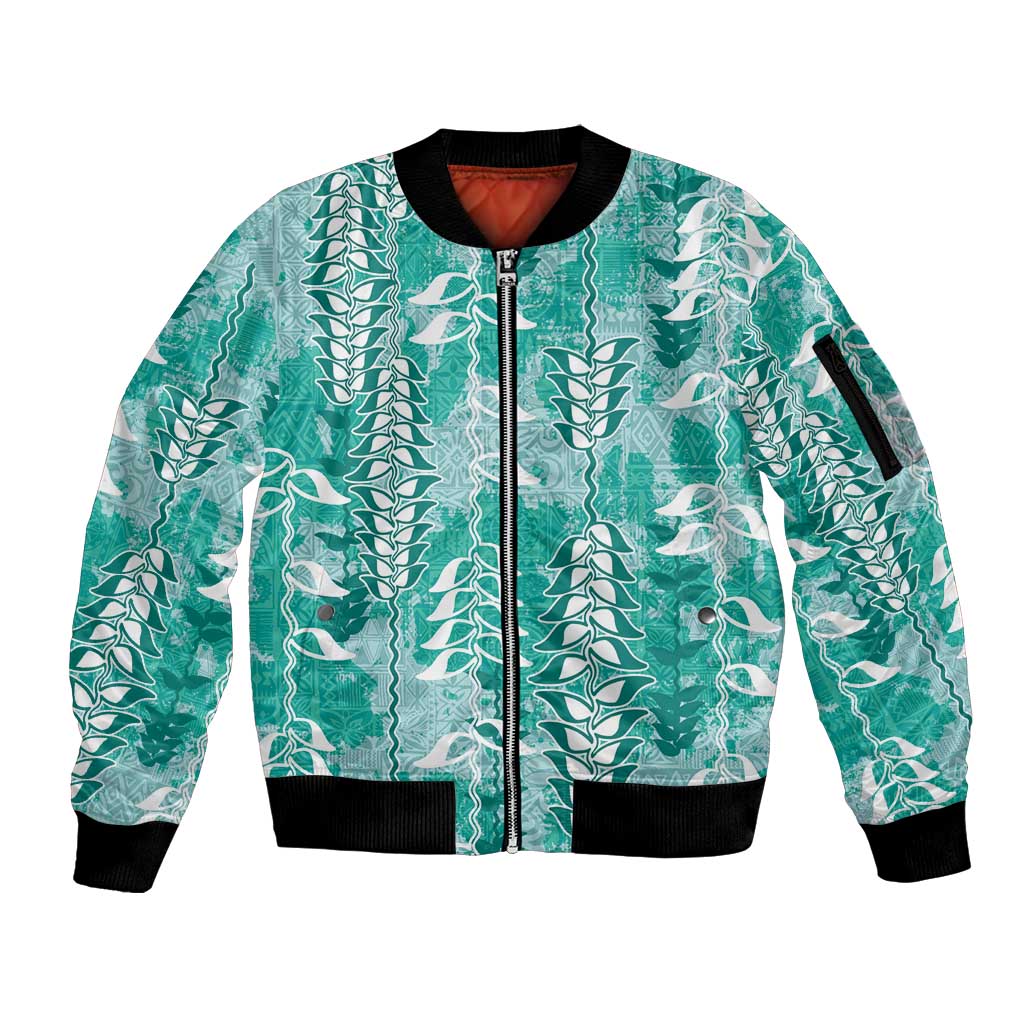 Teal Hawaii Tapa Pattern Sleeve Zip Bomber Jacket With Heliconia Vintage Style