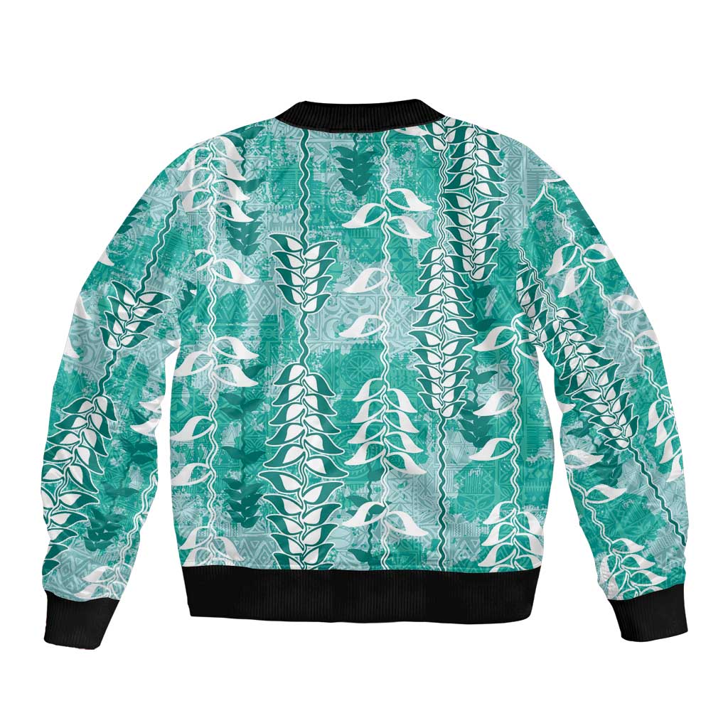Teal Hawaii Tapa Pattern Sleeve Zip Bomber Jacket With Heliconia Vintage Style