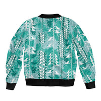 Teal Hawaii Tapa Pattern Sleeve Zip Bomber Jacket With Heliconia Vintage Style