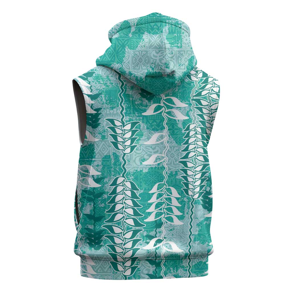 Teal Hawaii Tapa Pattern Sleeveless Hoodie With Heliconia Vintage Style
