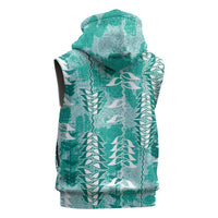 Teal Hawaii Tapa Pattern Sleeveless Hoodie With Heliconia Vintage Style