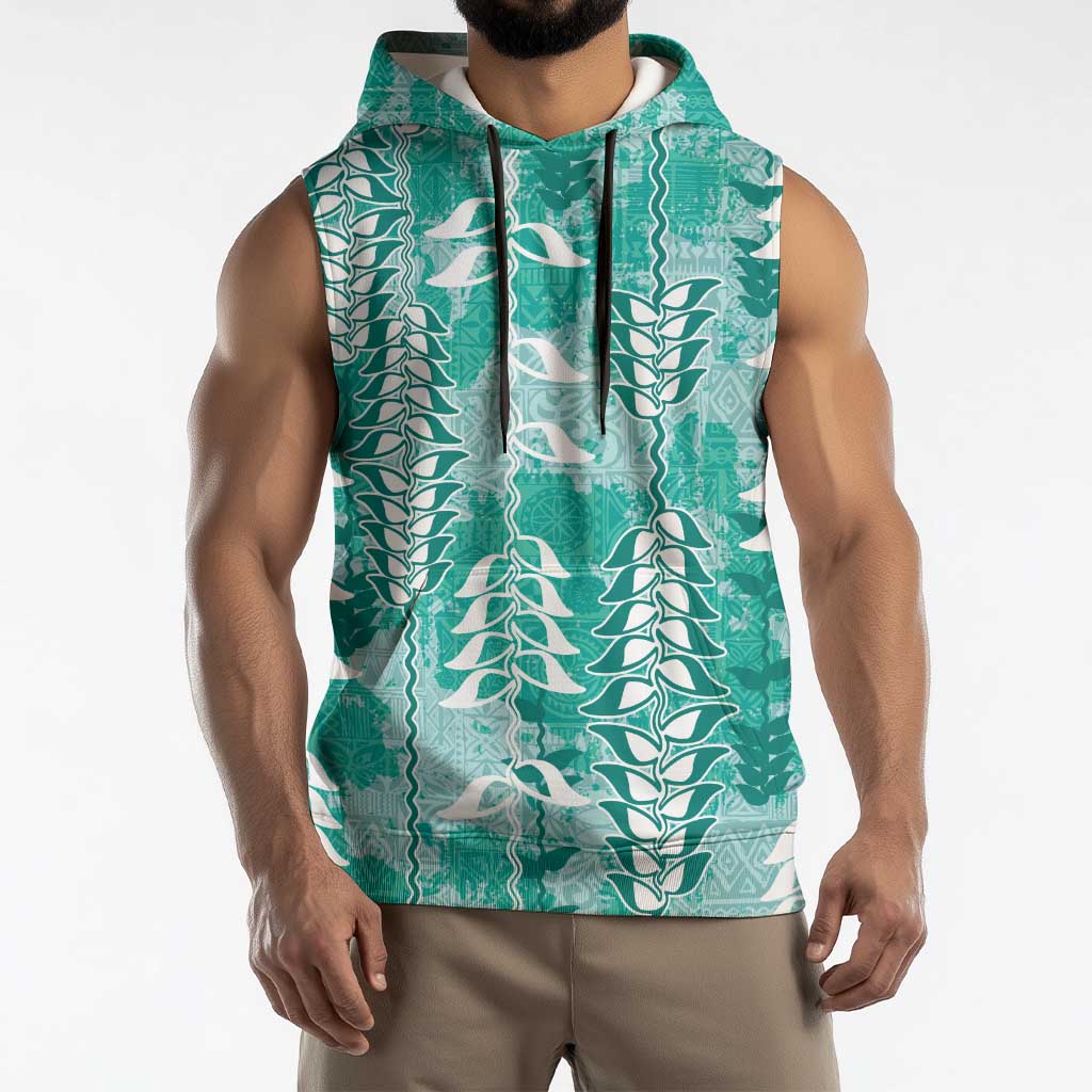 Teal Hawaii Tapa Pattern Sleeveless Hoodie With Heliconia Vintage Style