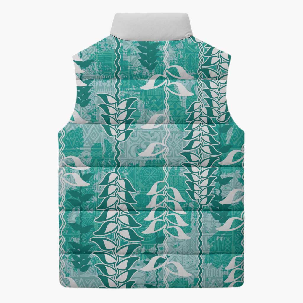 Teal Hawaii Tapa Pattern Sleeveless Puffer Jacket With Heliconia Vintage Style