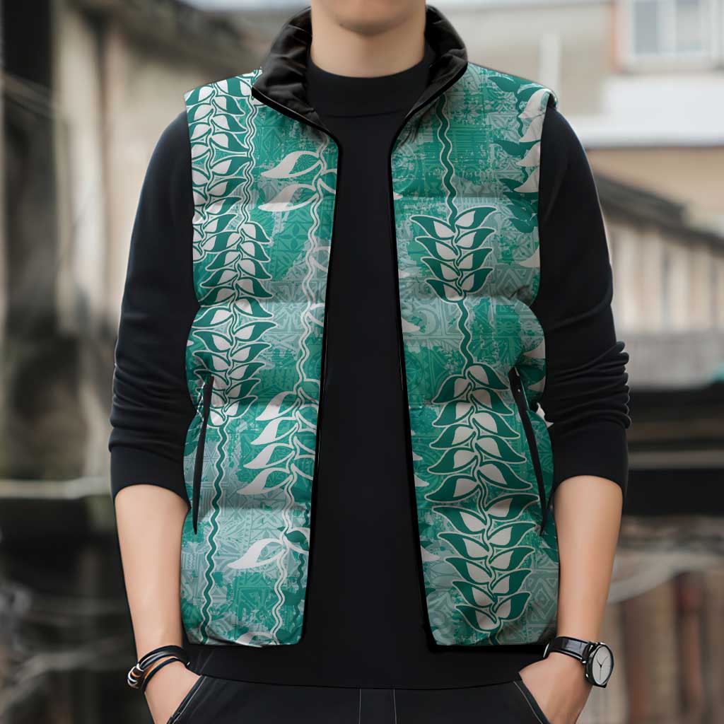 Teal Hawaii Tapa Pattern Sleeveless Puffer Jacket With Heliconia Vintage Style