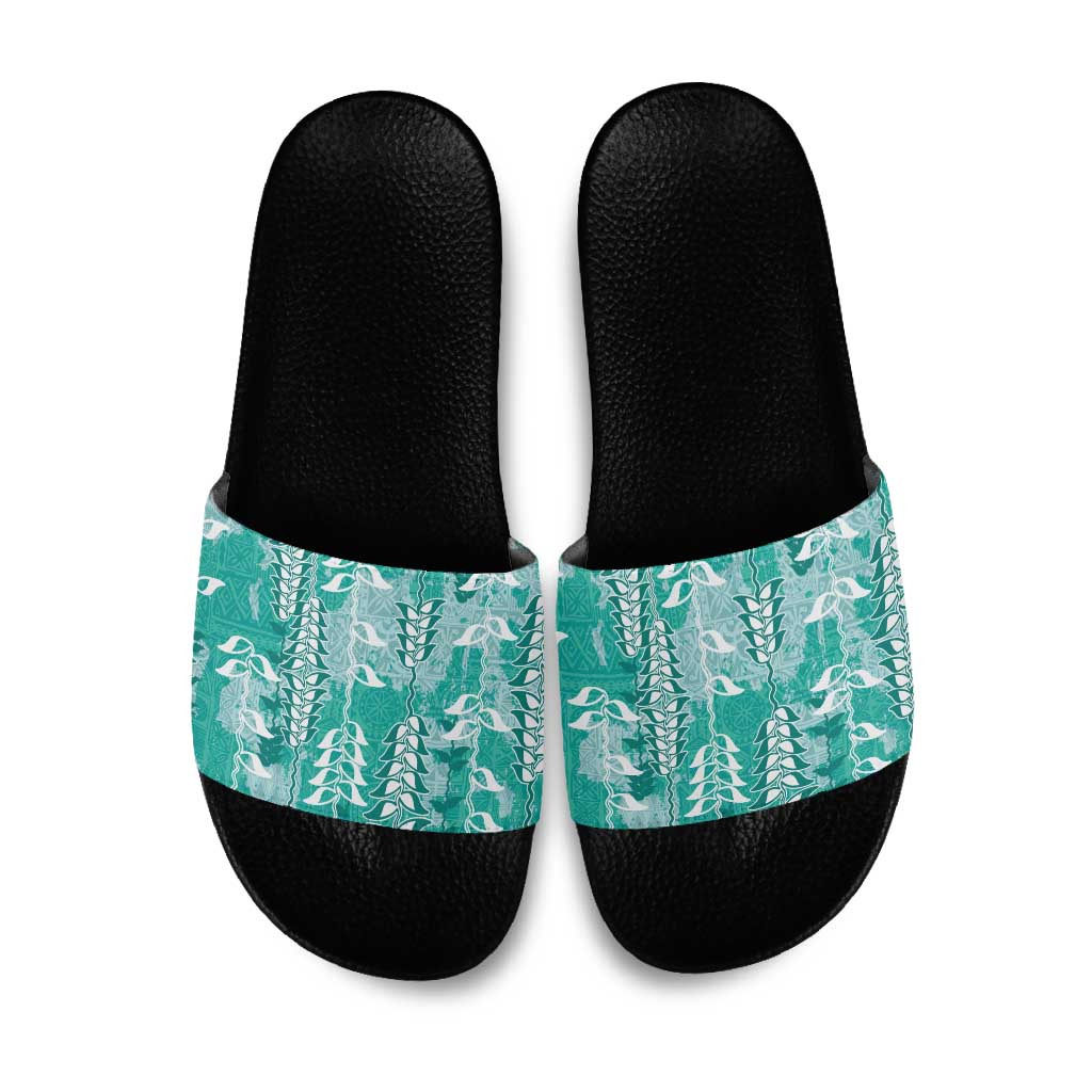 Teal Hawaii Tapa Pattern Slide Sandals With Heliconia Vintage Style