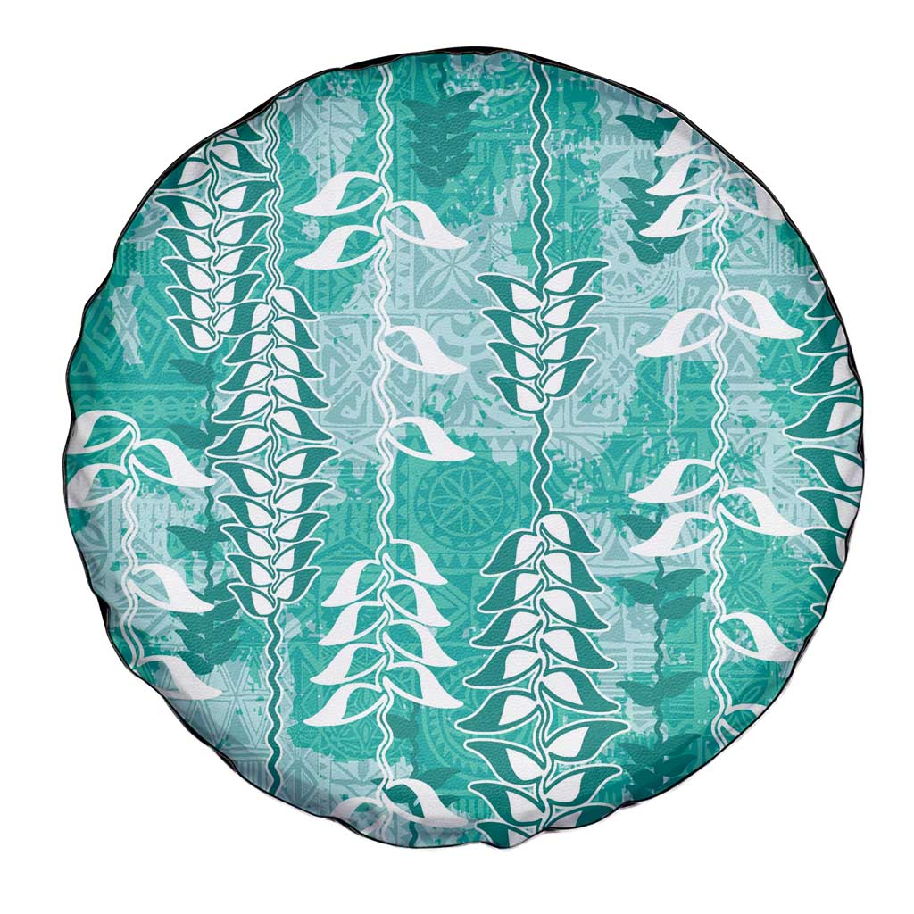 Teal Hawaii Tapa Pattern Spare Tire Cover With Heliconia Vintage Style