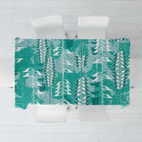 Teal Hawaii Tapa Pattern Tablecloth With Heliconia Vintage Style