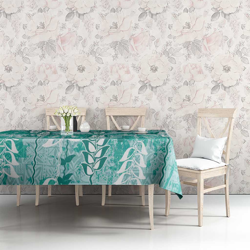 Teal Hawaii Tapa Pattern Tablecloth With Heliconia Vintage Style