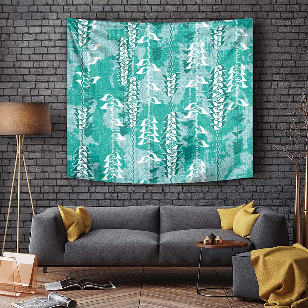 Teal Hawaii Tapa Pattern Tapestry With Heliconia Vintage Style