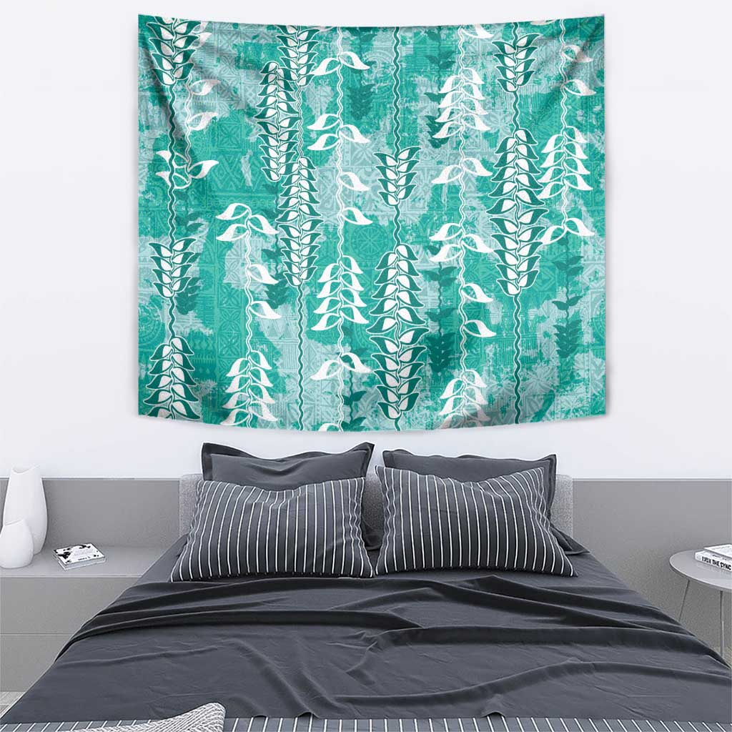 Teal Hawaii Tapa Pattern Tapestry With Heliconia Vintage Style