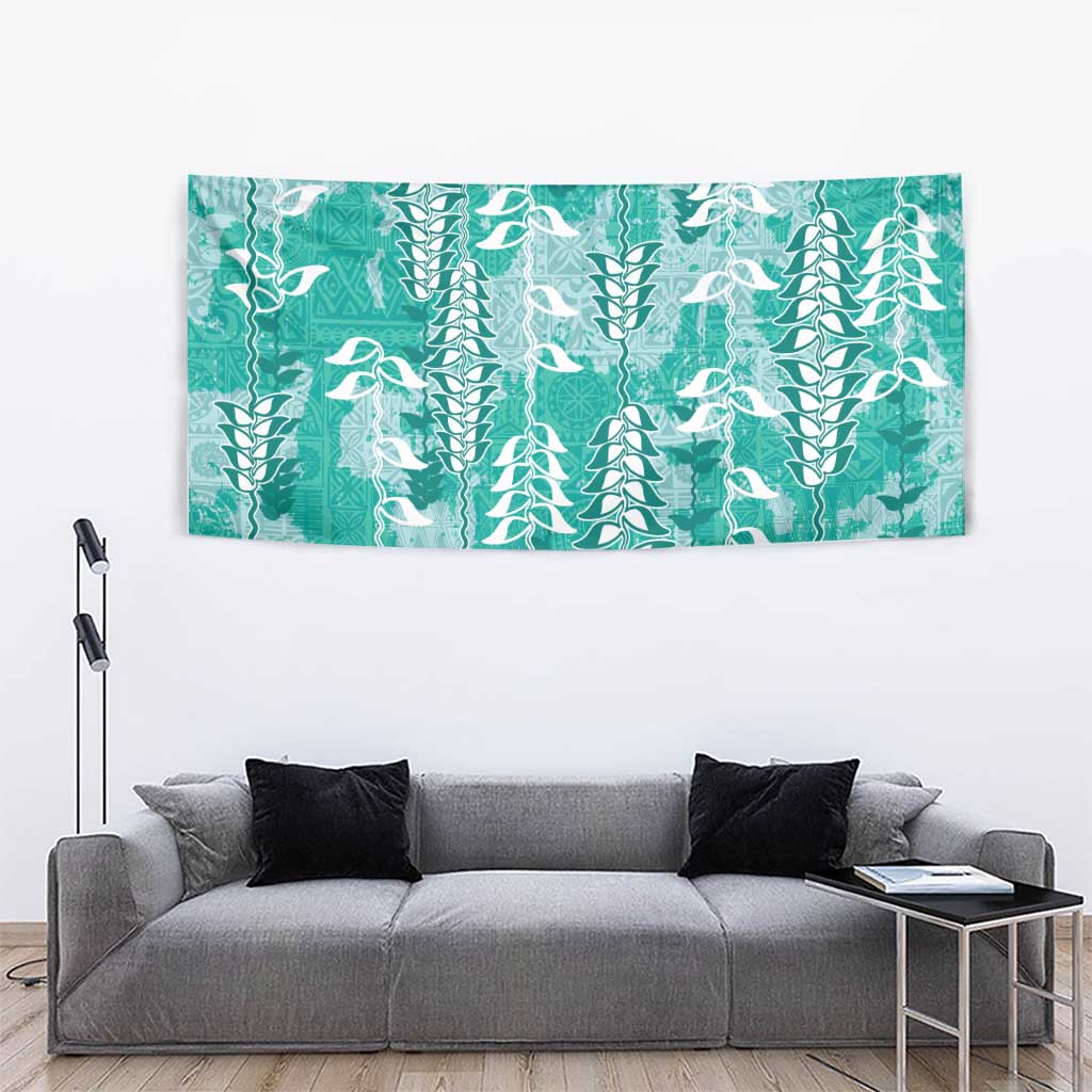 Teal Hawaii Tapa Pattern Tapestry With Heliconia Vintage Style