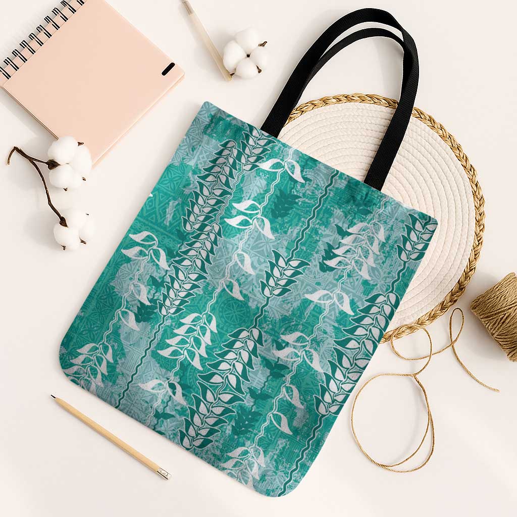 Teal Hawaii Tapa Pattern Tote Bag With Heliconia Vintage Style