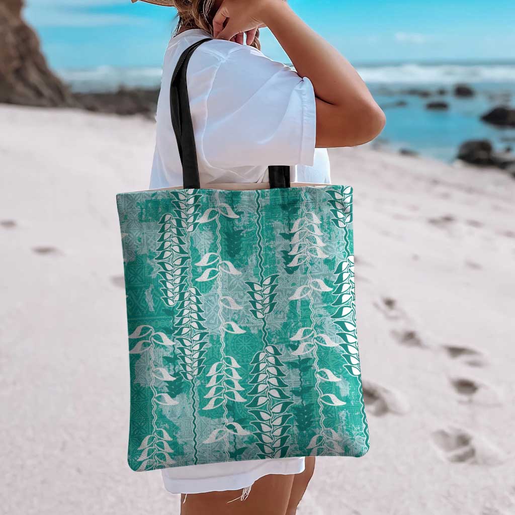 Teal Hawaii Tapa Pattern Tote Bag With Heliconia Vintage Style