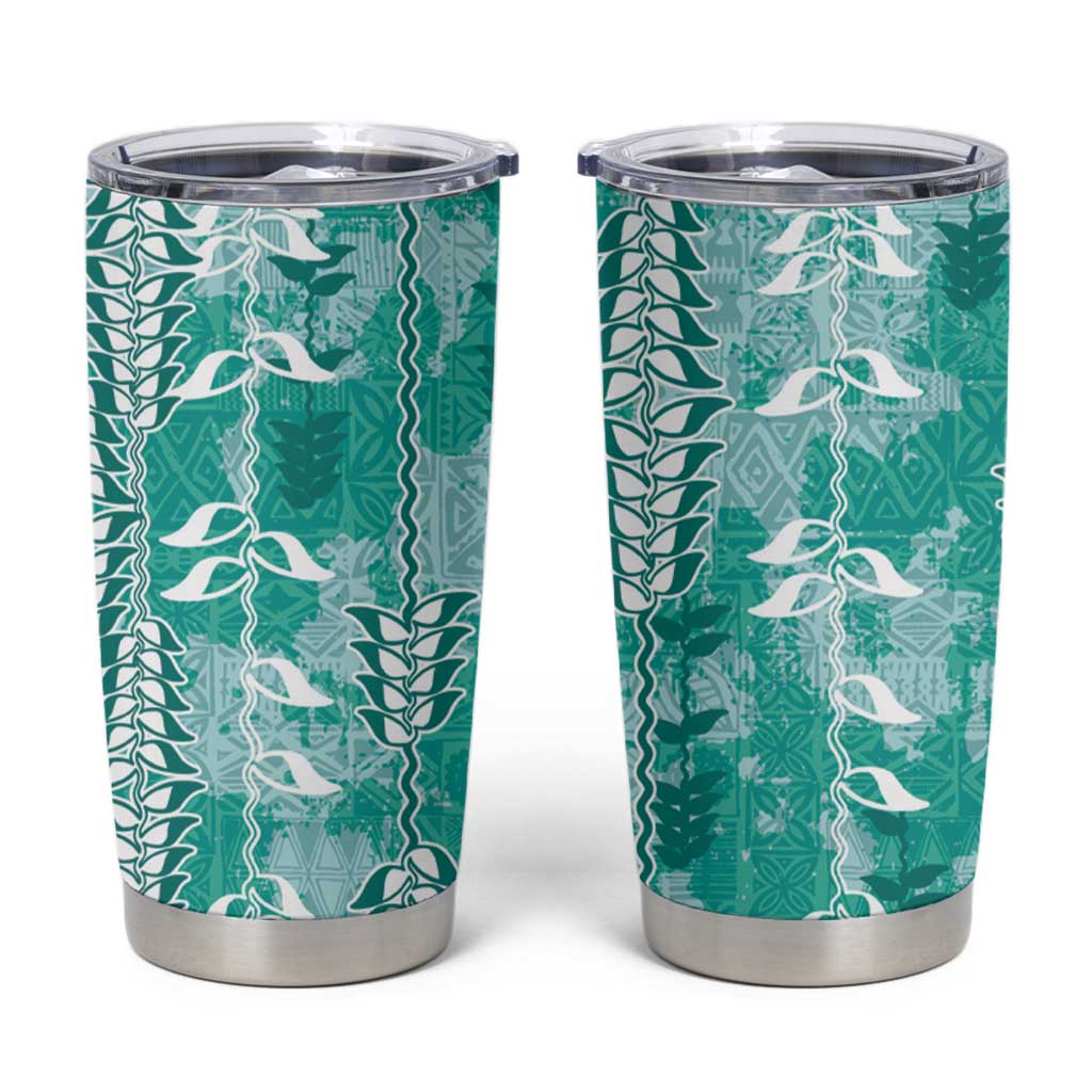 Teal Hawaii Tapa Pattern Tumbler Cup With Heliconia Vintage Style