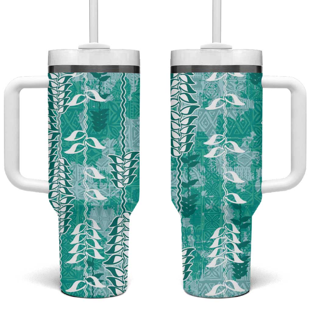 Teal Hawaii Tapa Pattern Tumbler With Handle With Heliconia Vintage Style