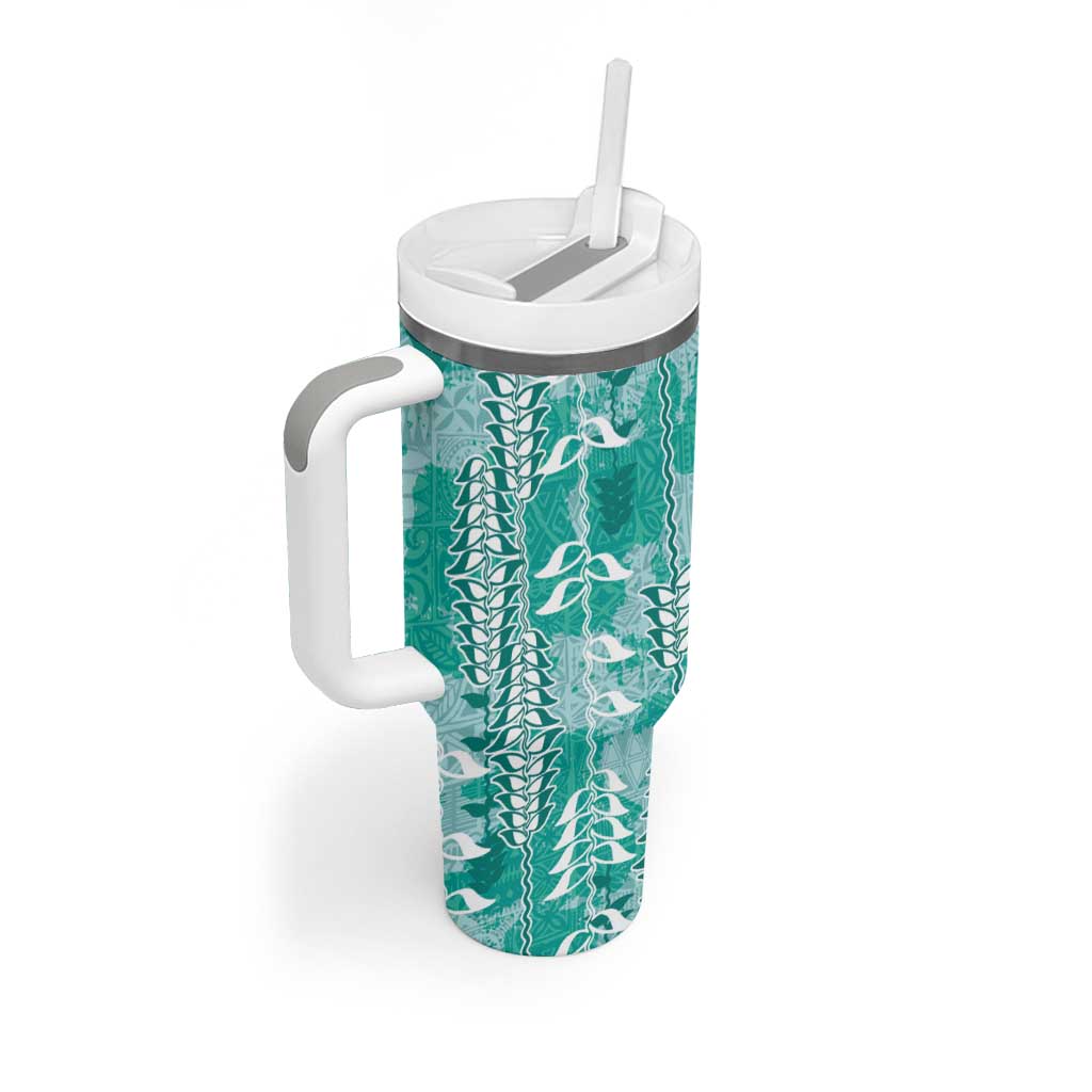 Teal Hawaii Tapa Pattern Tumbler With Handle With Heliconia Vintage Style