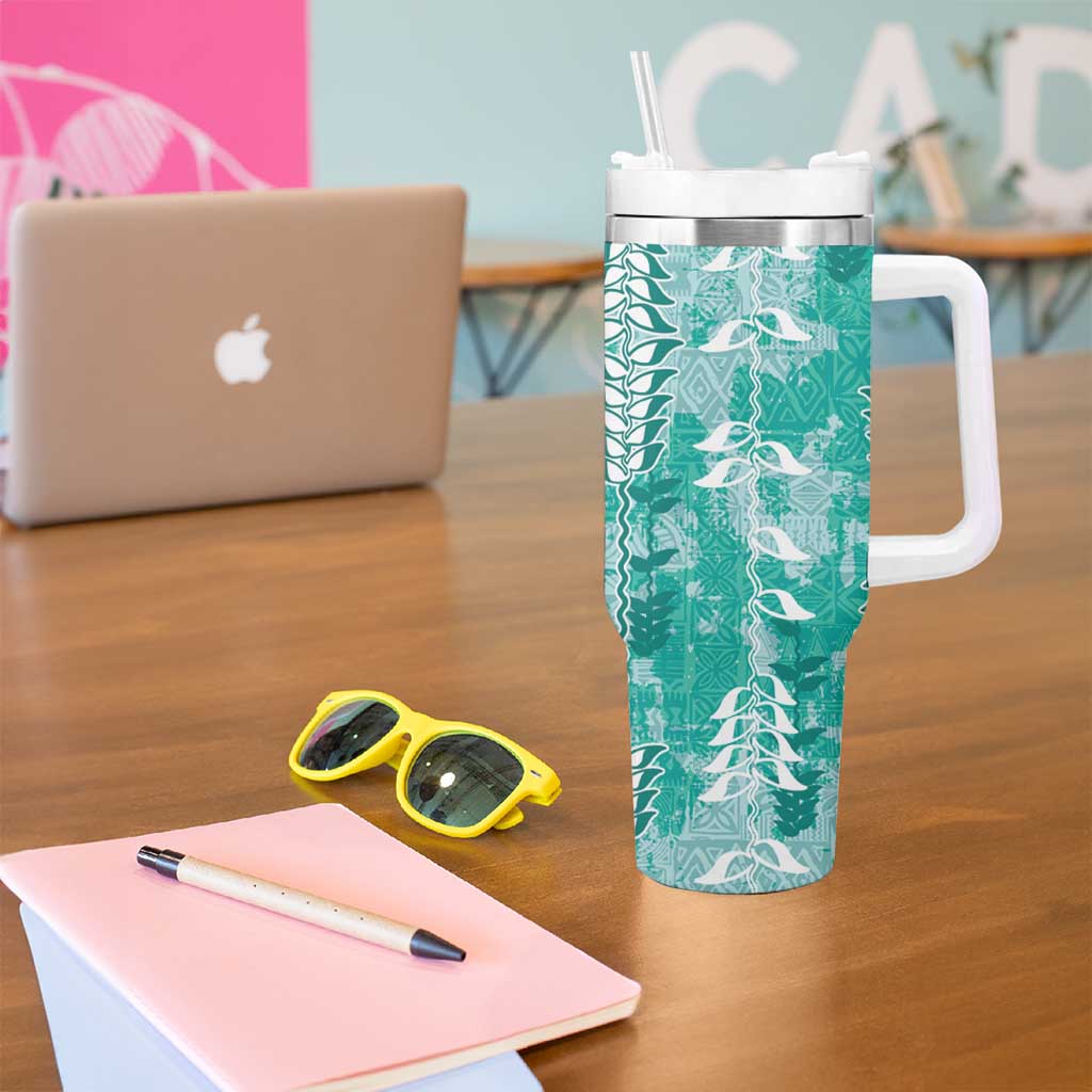 Teal Hawaii Tapa Pattern Tumbler With Handle With Heliconia Vintage Style