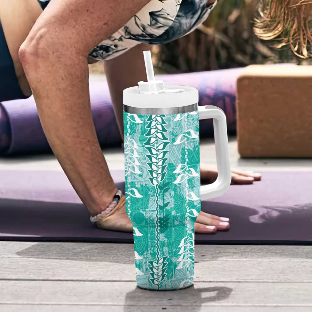 Teal Hawaii Tapa Pattern Tumbler With Handle With Heliconia Vintage Style