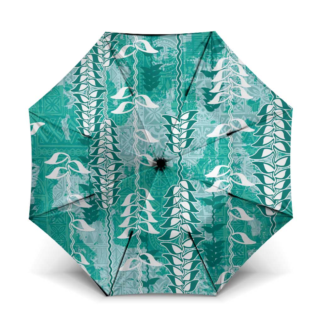 Teal Hawaii Tapa Pattern Umbrella With Heliconia Vintage Style