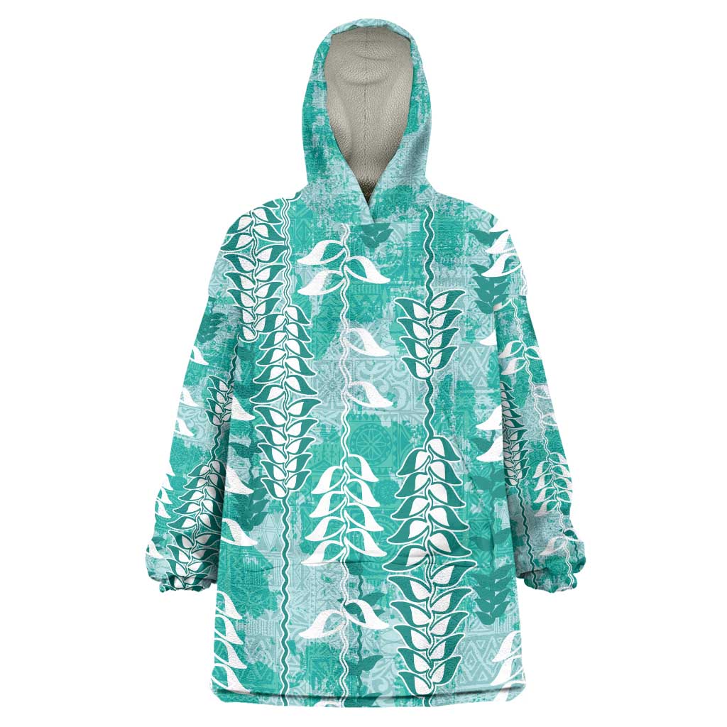Teal Hawaii Tapa Pattern Wearable Blanket Hoodie With Heliconia Vintage Style