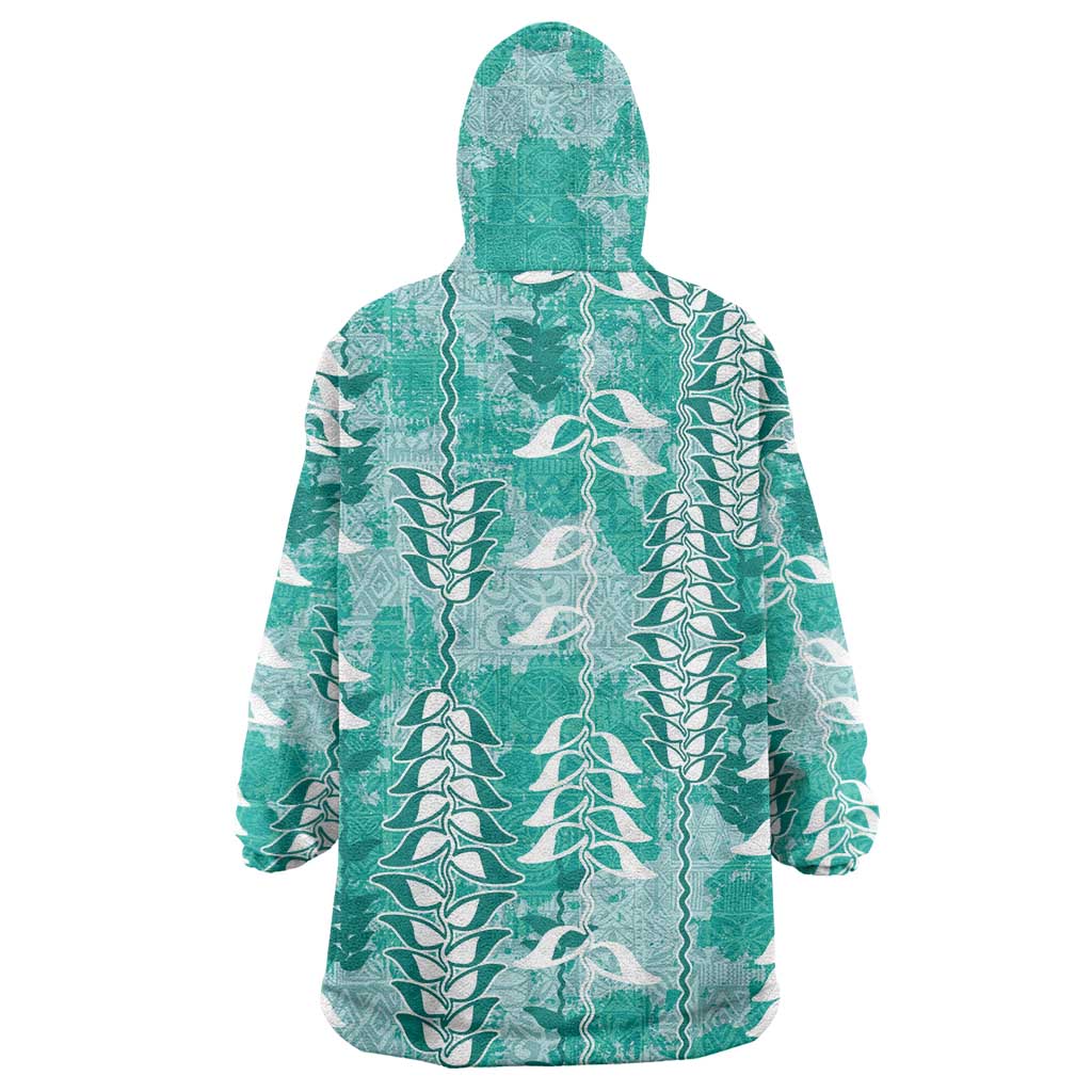 Teal Hawaii Tapa Pattern Wearable Blanket Hoodie With Heliconia Vintage Style
