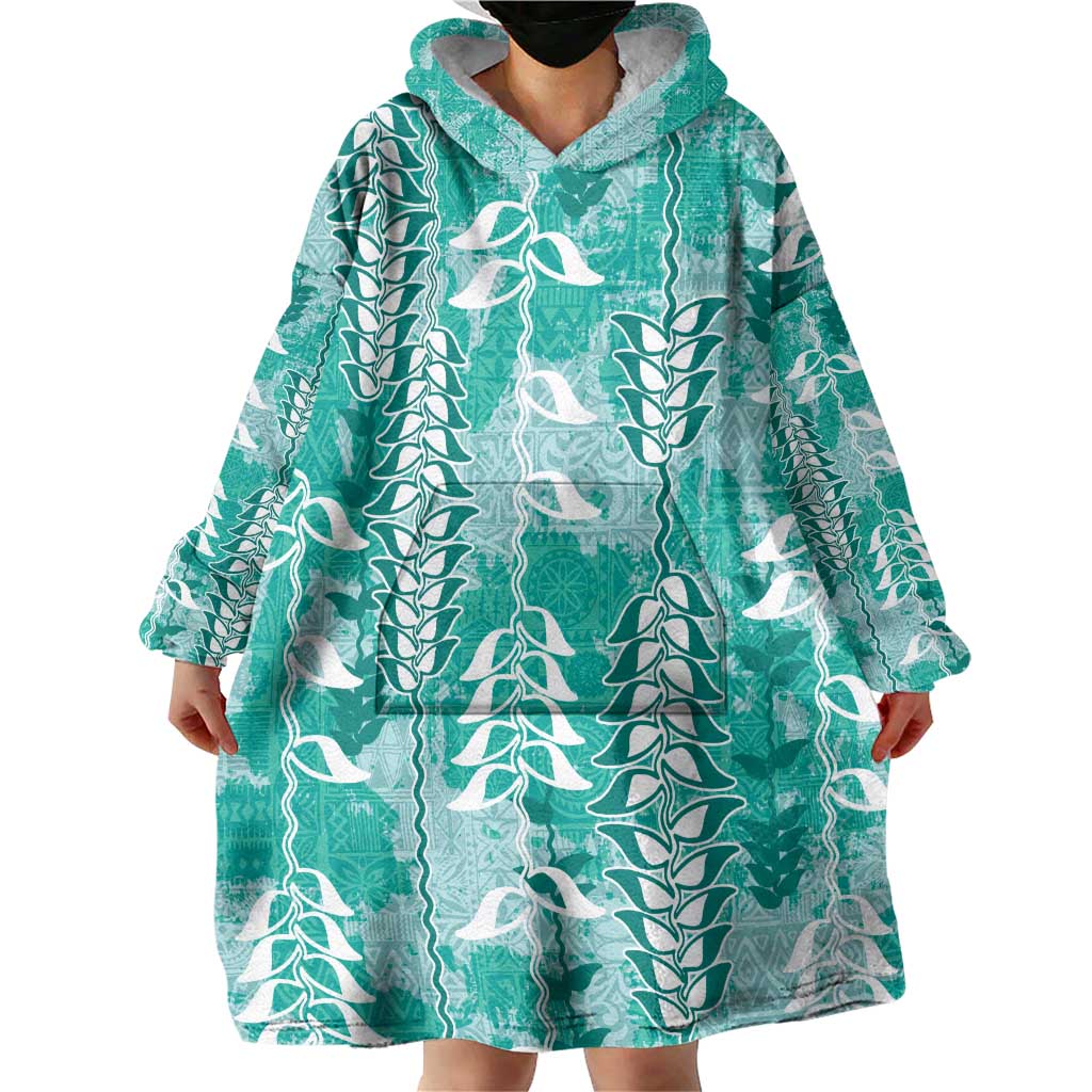 Teal Hawaii Tapa Pattern Wearable Blanket Hoodie With Heliconia Vintage Style